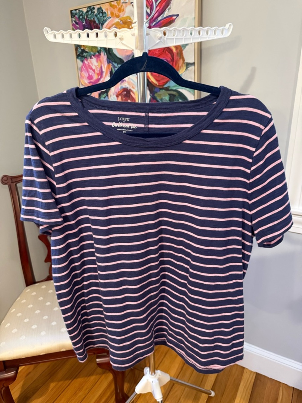 J. Crew Navy and Pink Striped Tee